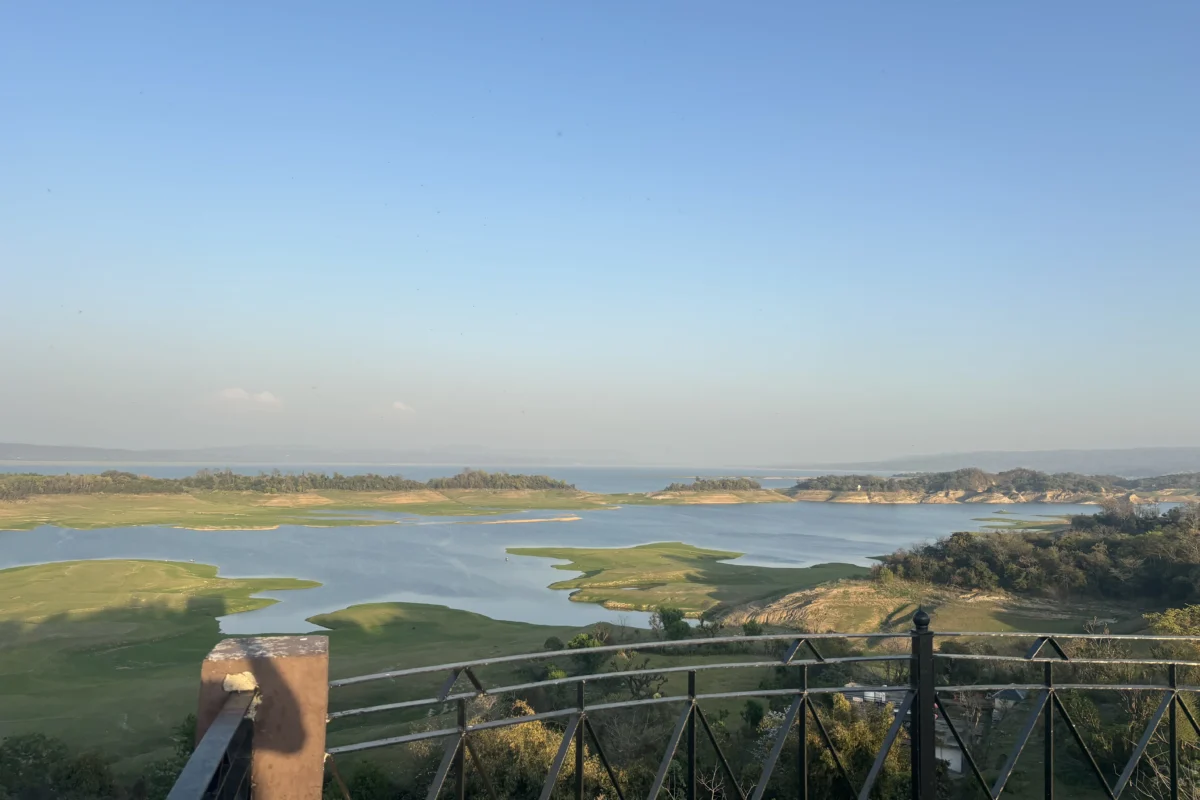 The Pong reservoir seen from the terrace at Lodge at Pong, Dhameta, with grass islands standing above the waterline
