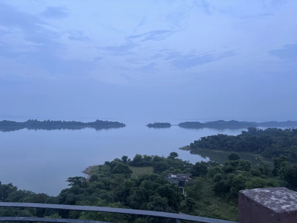 Wooded headlands and islands in Maharana Pratap Sagar, seen from above Dhameta at dusk