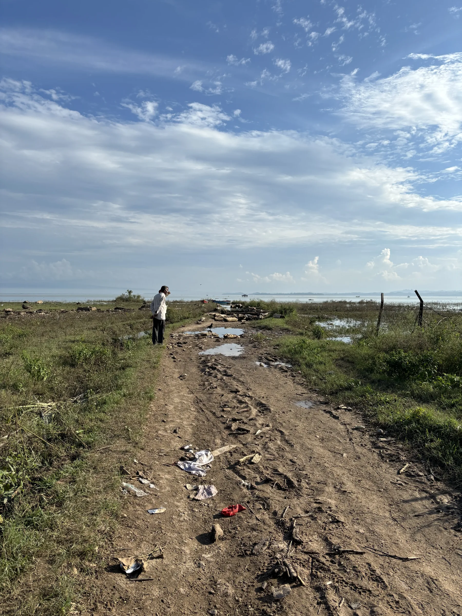 A visitor walking a rutted track across the exposed silt bed of the Pong reservoir