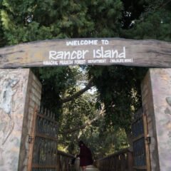 The Himachal Pradesh Forest Department welcome gate on Rancer Island, with a visitor walking through onto the island path